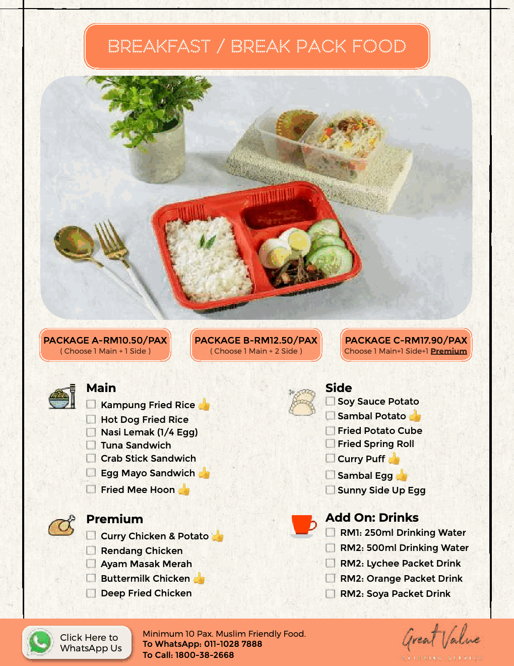 Great Value catering menu: Breakfast Break Pack ABC Menu.