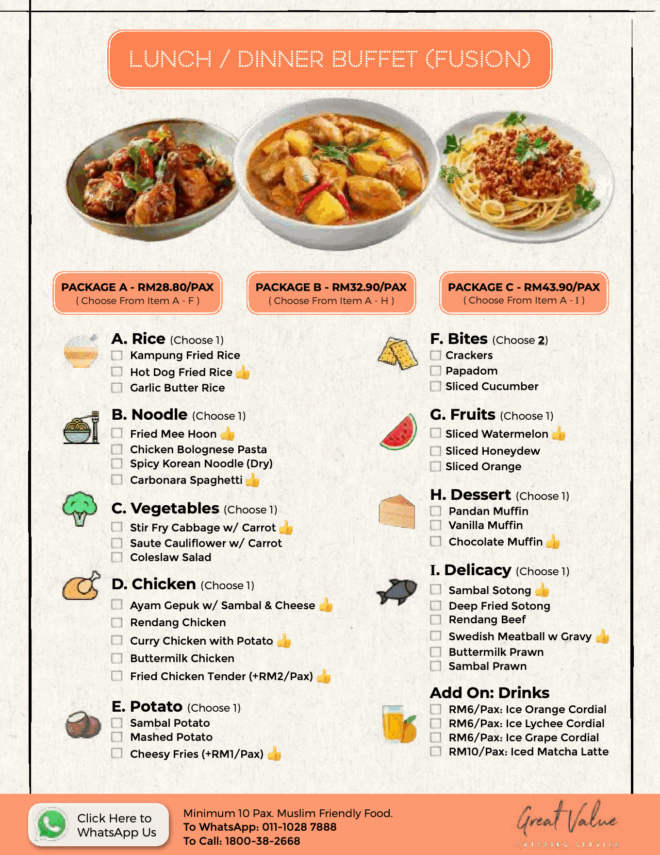 Great Value 2026 lunch and dinner Fusion buffet menu: Package A RM28.80, Package B RM32.90 and Package C RM43.90 per pax.