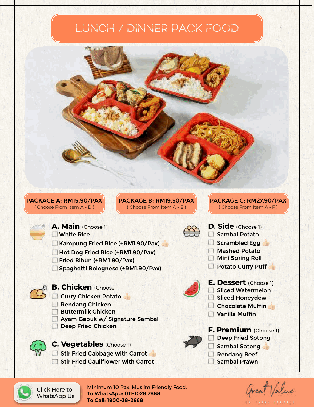 Great Value catering menu: Lunch Dinner Pack ABC Menu.