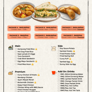 Great Value breakfast and break buffet menu: Packages A to F, RM13.50 to RM33 per pax.