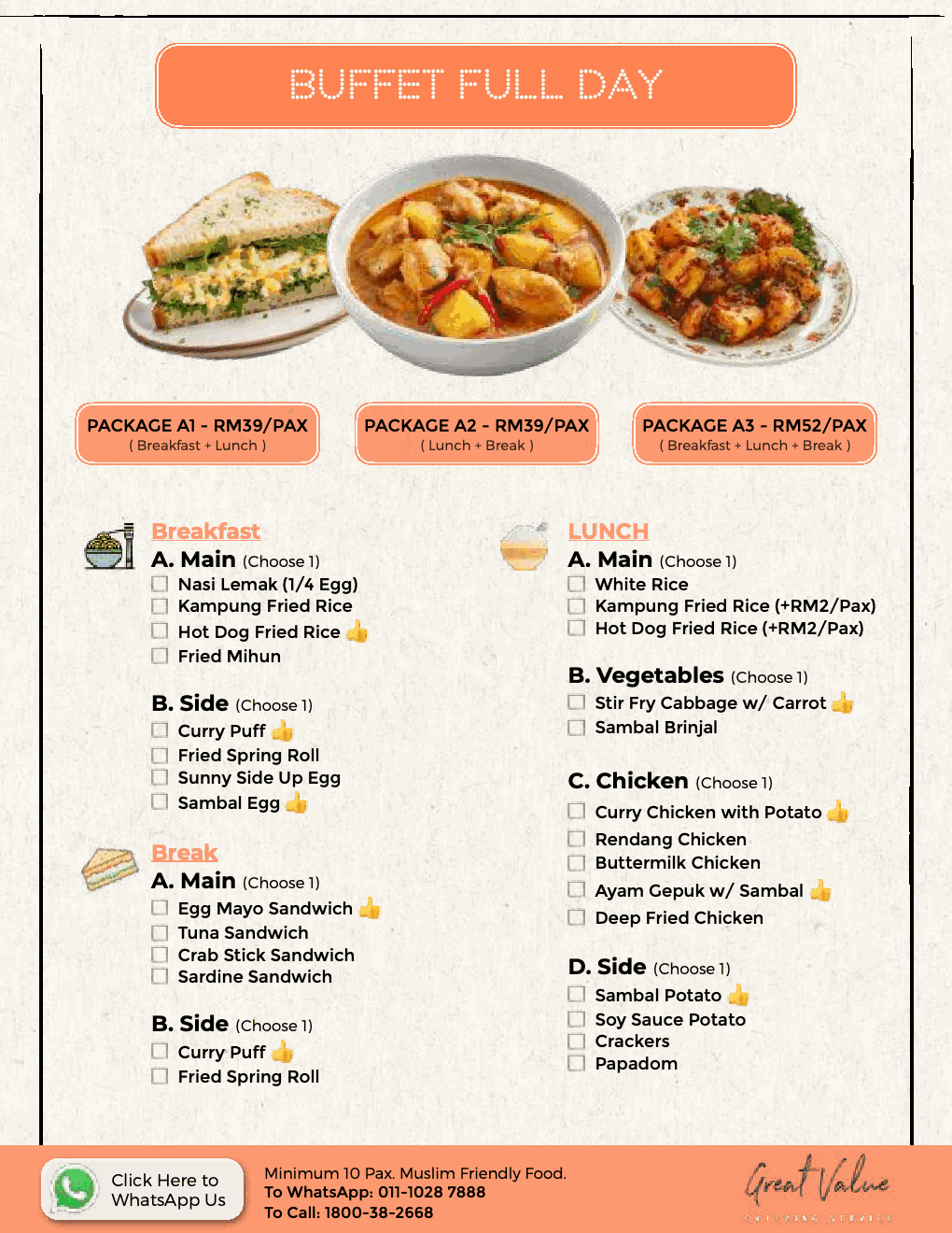 Great Value catering menu: Full Day Buffet A Menu.