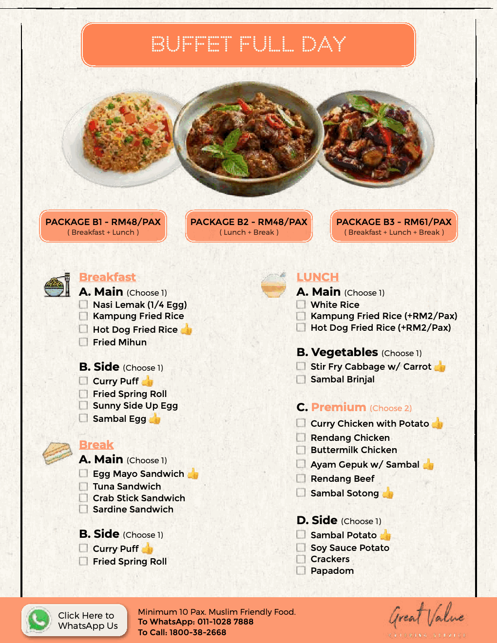 Great Value catering menu: Full Day Buffet B Menu.